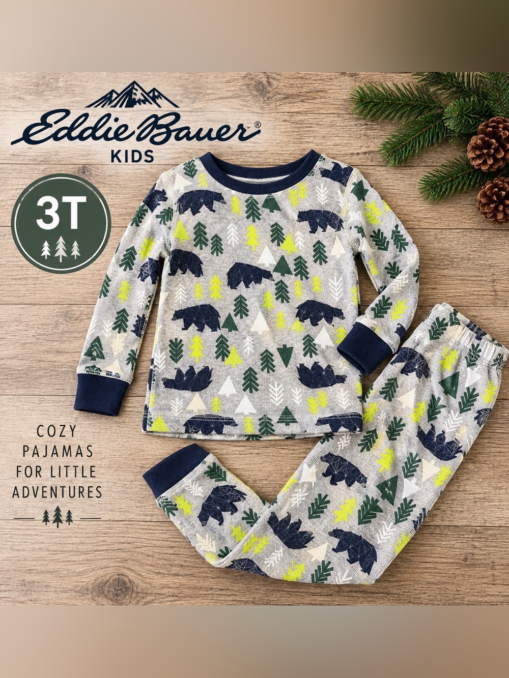 Eddie Bauer Kids Bear Forest Pajama Set Size 3T Gray Green